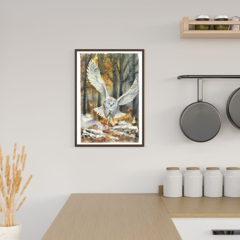 Autorský print A4 Sovice sněžní Tereza Mušková Olivová ilustrační obrázek